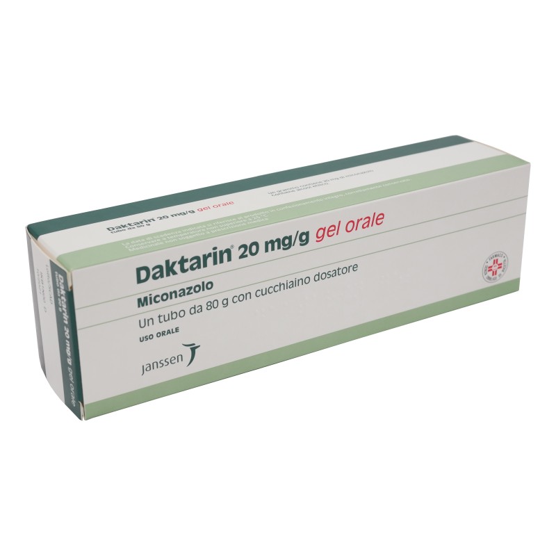 Confezione di Daktarin Gel Orale contennete tubo da 80 grammi di gel e cucchiaino dosatore
