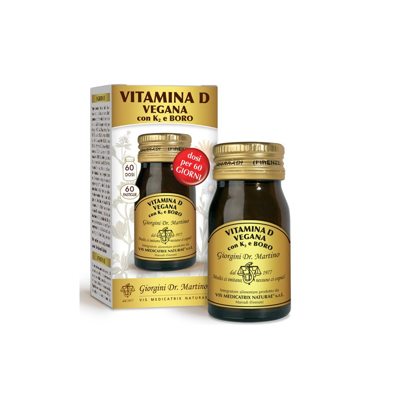 confezione di Dr Giorgini Vitamina D Vegana Con K2 E Boro Integratore per Ossa 60 Pastiglie