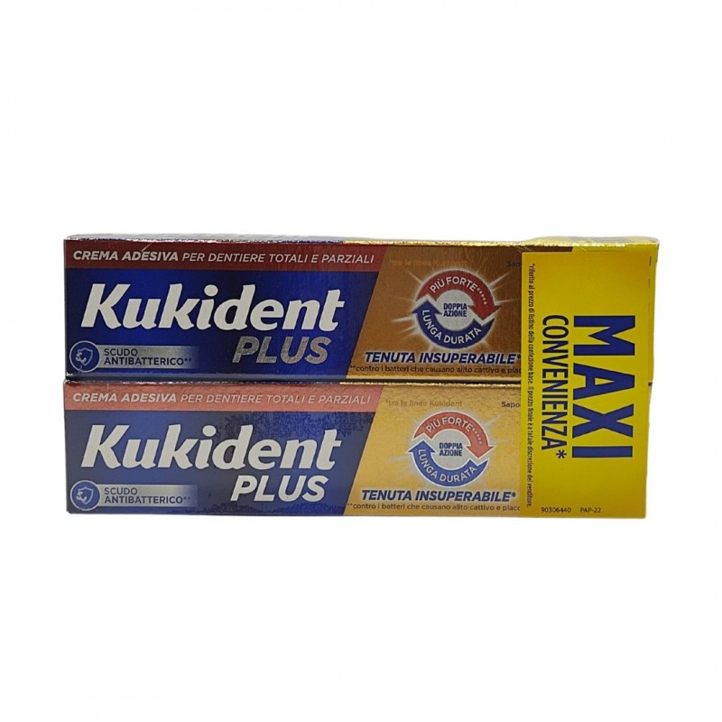Kukident Plus Doppia Azione Crema Adesiva Confezione Doppia per Dentiere 2x65g