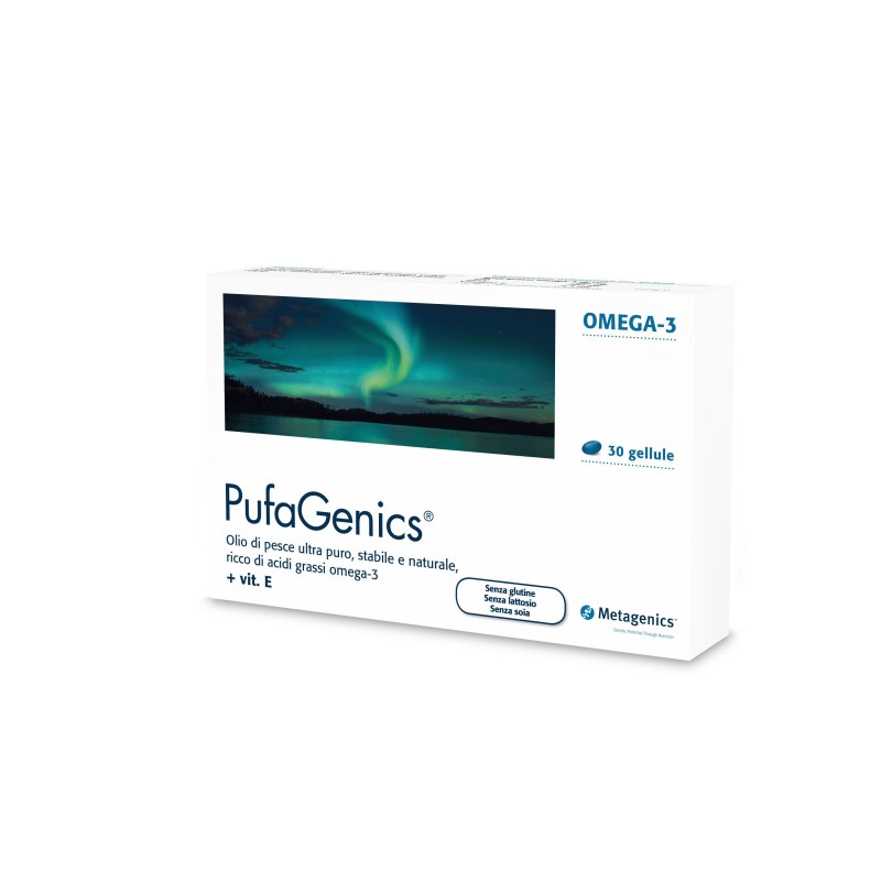 confezione Metagenics Pufagenics Integratore con Omega-3 30 Capsule in blister contenuto in una scatola