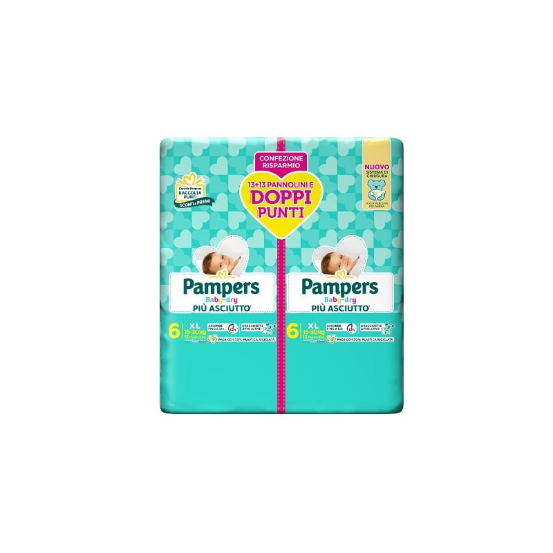 Pampers Baby Dry Confezione Doppia XL Taglia 6 15-30kg 26 Pezzi