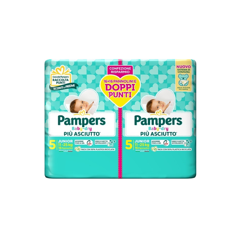 Pampers Baby Dry Confezione Doppia Junior Taglia 5 11-25kg 32 Pezzi