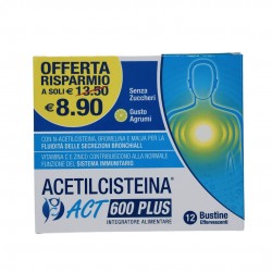 Acetilcisteina Act 600 Plus Integratore Difese Immunitarie 12 Bustine Singole
