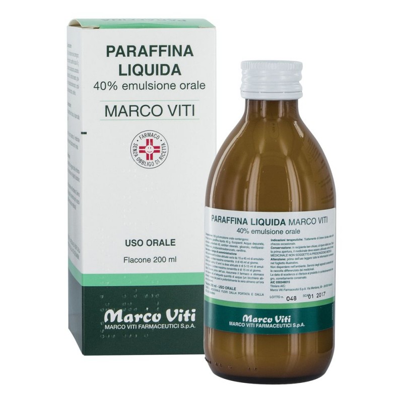 Foto di scatola e barattolo della Paraffina Liquida 40% Emulsione 200 gr per Stitichezza