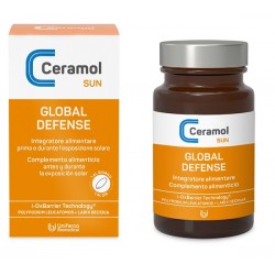 Scatola esterna e vasetto di Ceramol Global Defense Integratore per Esposizione Solare 30 Compresse Scatola esterna e vasetto di Ceramol Global Defense Integratore per Esposizione Solare 30 Compresse