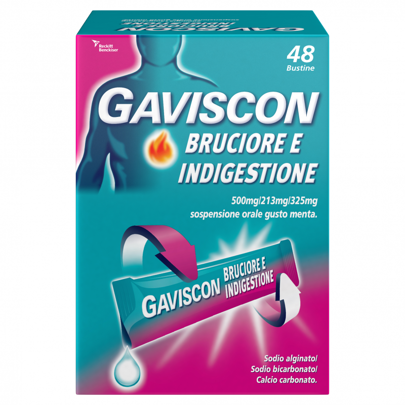 Foto delle bustine del prodotto Gaviscon Bruciore e Indigestione 500mg 213mg 325mg Gusto Menta 48 Bustine