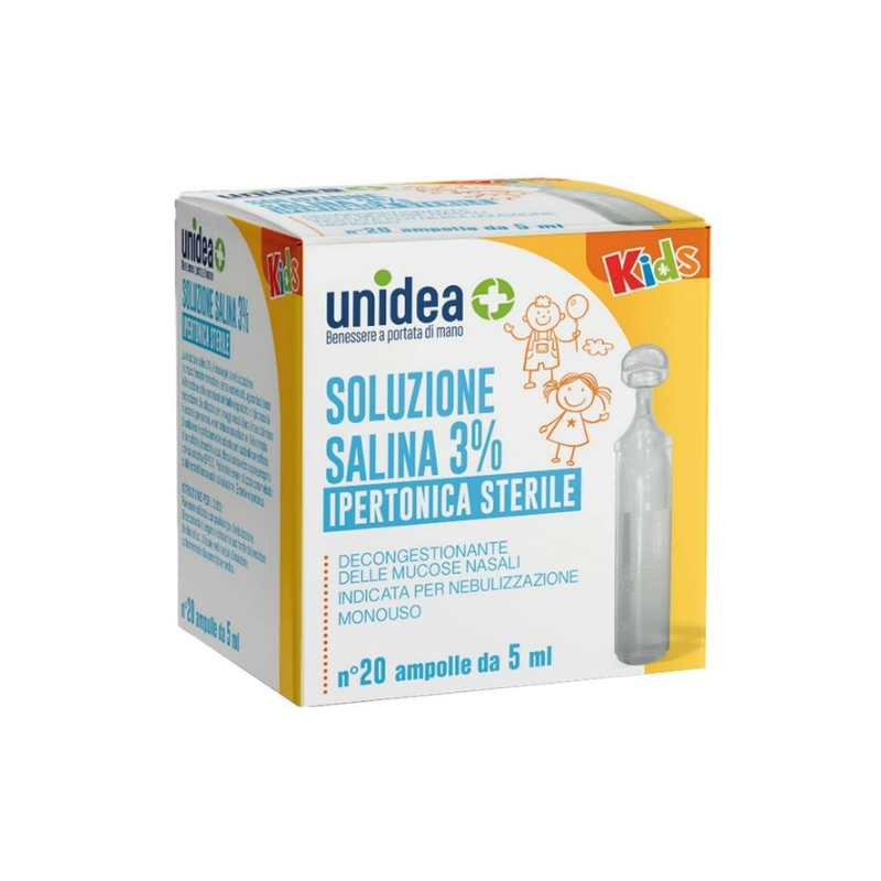 Confezione con Unidea Soluzione Salina 3% Ipertonica Sterile per le Vie Respiratorie dei Bambini 20 Ampolle