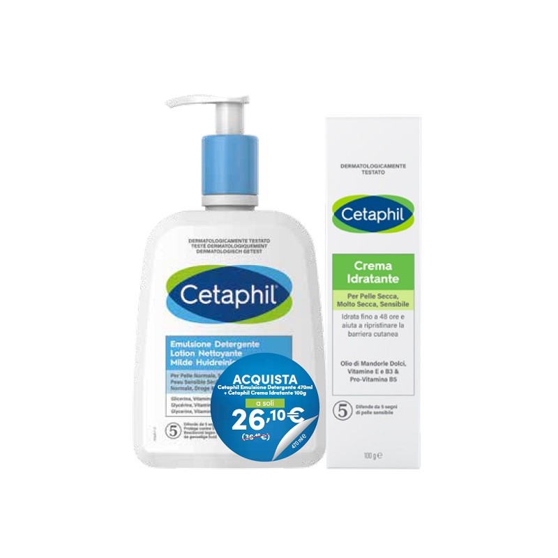 Cetaphil Bipack Emulsione Detergente e Crema Idratante per Cura della Pelle 470ml + 100 g Cetaphil Bipack Emulsione Detergente e Crema Idratante per Cura della Pelle 470ml + 100 g
