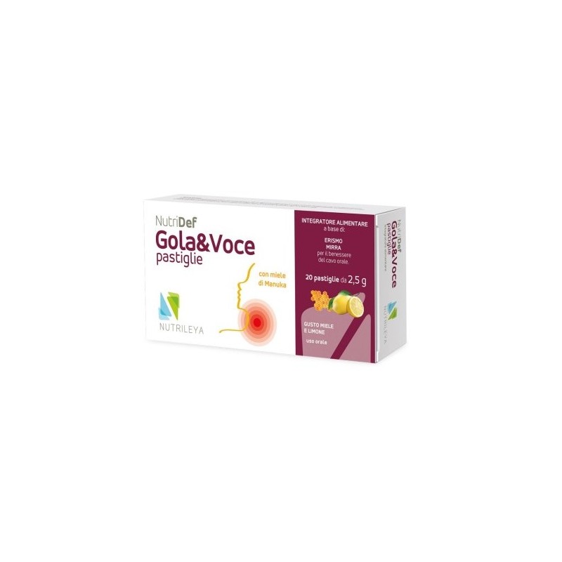 Scatola con Nutridef Gola & Voce Integratore per Gola 20 Pastiglie Singole Scatola con Nutridef Gola & Voce Integratore per Gola 20 Pastiglie Singole