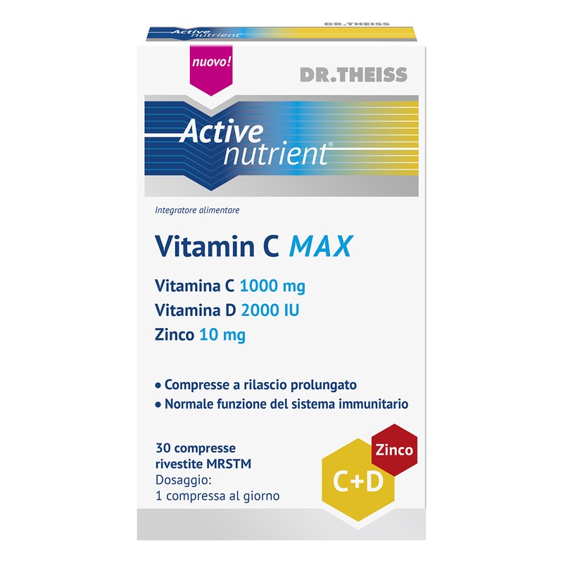 Scatola con Dr Theiss Active Nutrient Vitamin C Max Integratore per Difese Immunitarie 30 Compresse Singole