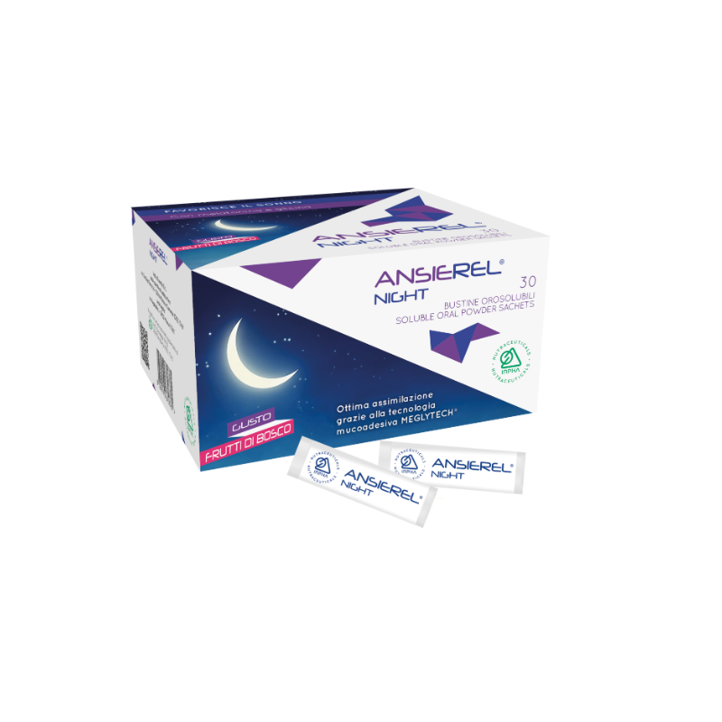 Scatola con Ansierel Night Integratore per Sonno Gusto Frutti di Bosco 30 Bustine Singole Scatola con Ansierel Night Integratore per Sonno Gusto Frutti di Bosco 30 Bustine Singole