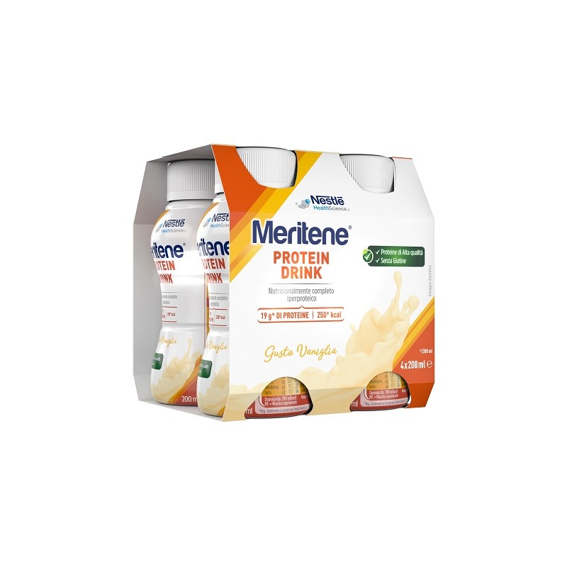 scatola con 4 flaconi Nestlè Meritene Protein Drink Vaniglia per Nutrizione ed Energia