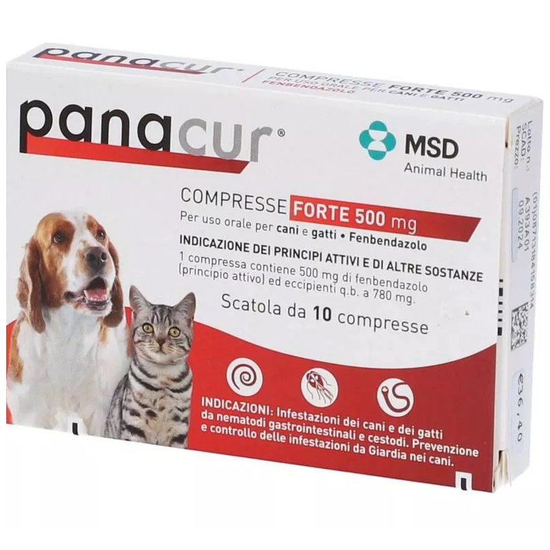 Panacur Forte 500mg Farmaco Veterinario per Infezioni Intestinali di Cani e Gatti 10 Compresse Singole