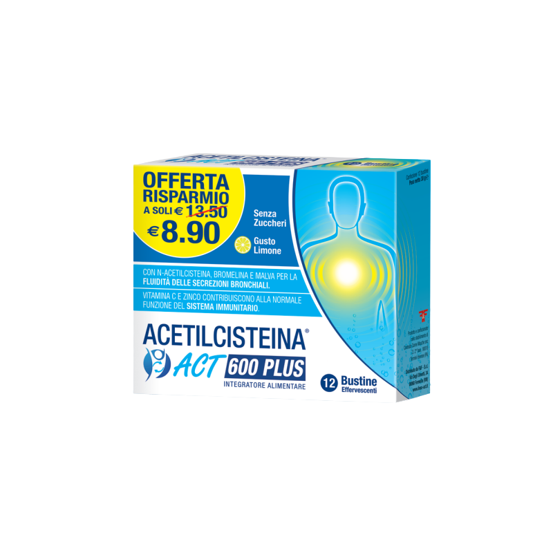 PROMO Acetilcisteina Act 600 Plus Integratore Difese Immunitarie 12 Bustine + Confezione Omaggio