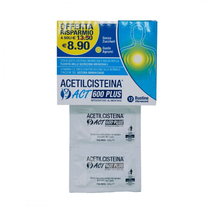 PROMO Acetilcisteina Act 600 Plus Integratore Difese Immunitarie 12 Bustine + Confezione Omaggio