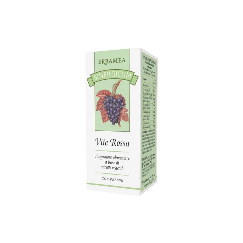 Flacone con Erbamea Sinergicum Vite Rossa Integratore per Circolazione e Gambe 50 Compresse Flacone con Erbamea Sinergicum Vite Rossa Integratore per Circolazione e Gambe 50 Compresse