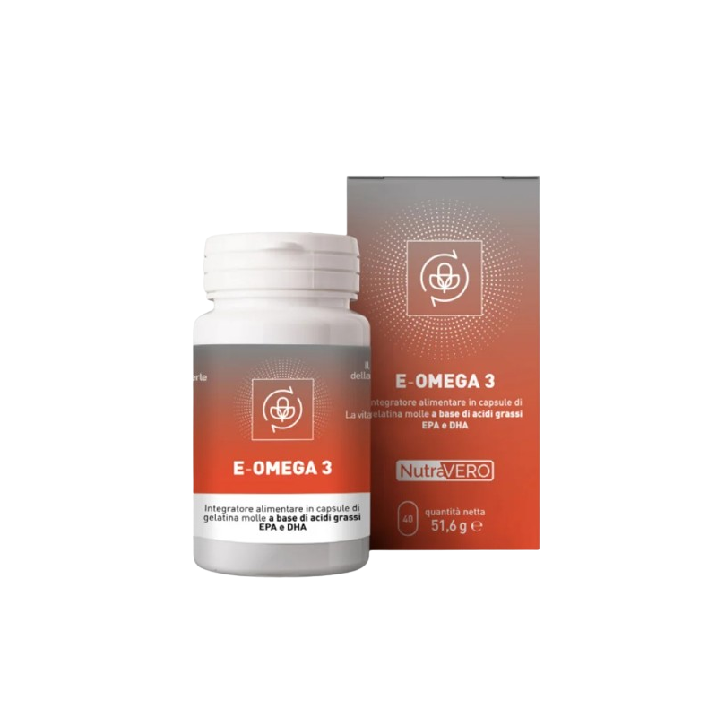 Scatola con E-Omega 3 Integratore Ricostituente per Cuore e Cervello 40 Capsule Singole Scatola con E-Omega 3 Integratore Ricostituente per Cuore e Cervello 40 Capsule Singole