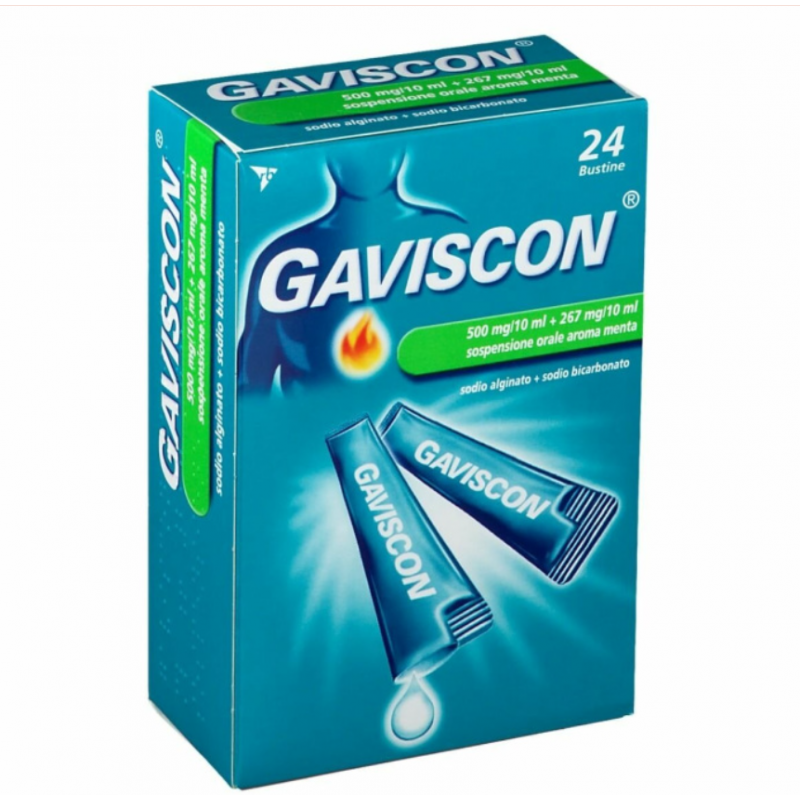 scatola Gaviscon 24 Bustine Antiacido Aroma Menta 500 + 267 mg/10 ml per Bruciore di Stomaco e Reflusso