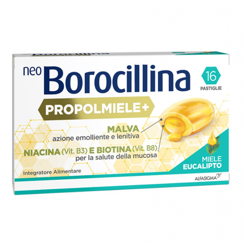 scatola Neoborocillina Propolmiele+ Integratore per la Gola Gusto Miele e Eucalipto 16 Pastiglie