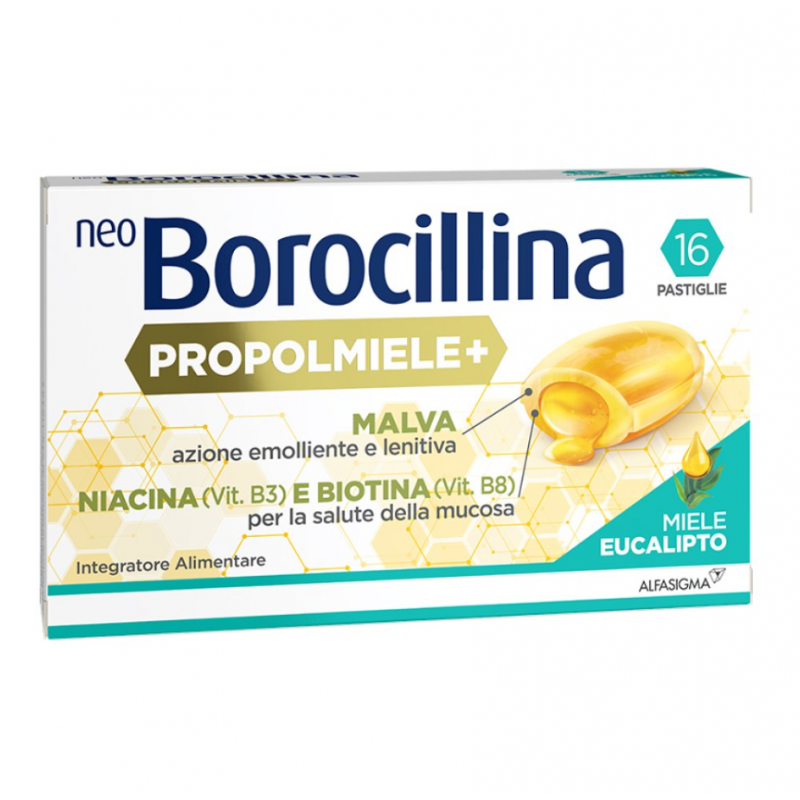 scatola Neoborocillina Propolmiele+ Integratore per la Gola Gusto Miele e Eucalipto 16 Pastiglie scatola Neoborocillina Propolmiele+ Integratore per la Gola Gusto Miele e Eucalipto 16 Pastiglie