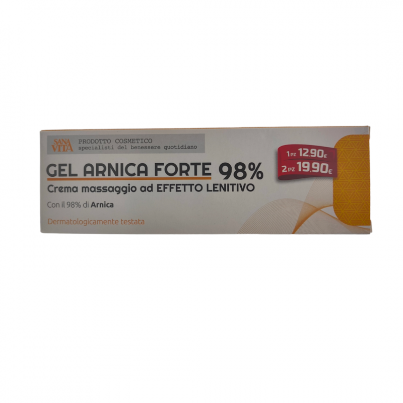 fronte scatola del Sanavita Arnica Gel Forte al 98% Lenitiva 150ml