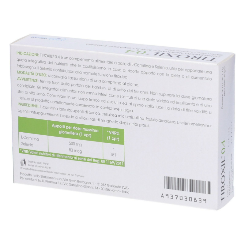 retro scatola Tiroxil 0,4 Integratore per la Tiroide 30 Compresse retro scatola Tiroxil 0,4 Integratore per la Tiroide 30 Compresse