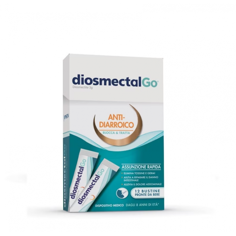 scatola di DiosmectalGo Integratore Antidiarrea per Adulti e Bambini 12 Bustine