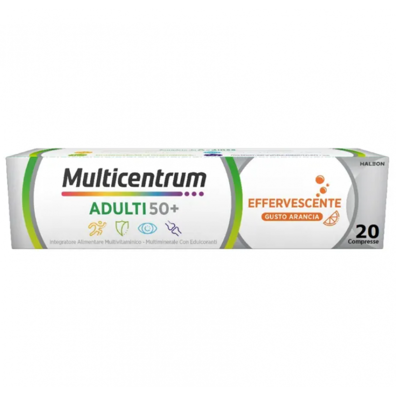 scatola Multicentrum Select 50 + Multivitaminico per Adulti dai 50 anni 20 Compresse Effervescenti Gusto Arancia