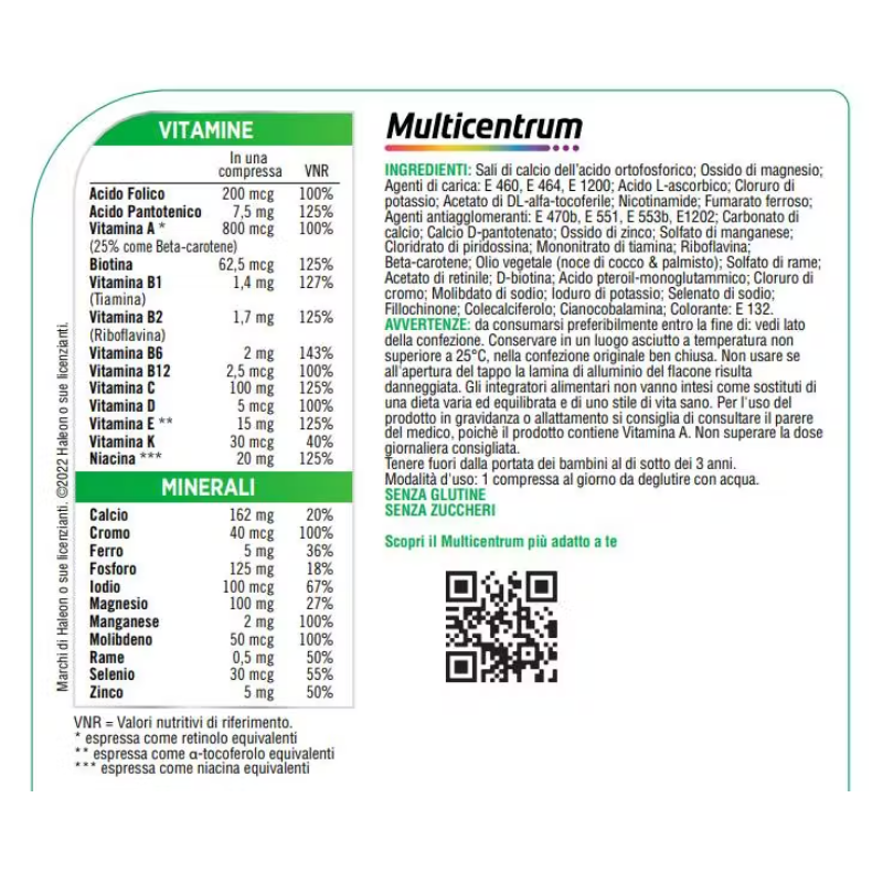 ingredienti di Multicentrum Integratore Multivitaminico Multiminerale per Adulti 90 Compresse