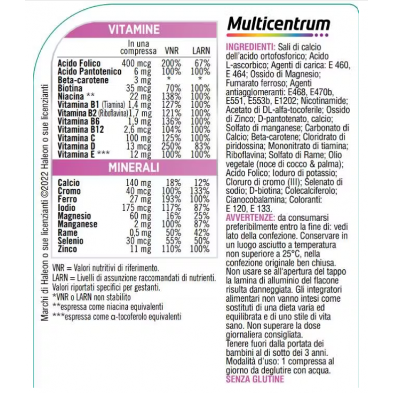ingredienti di Multicentrum Mamma Integratore per Gravidanza 30 Compresse