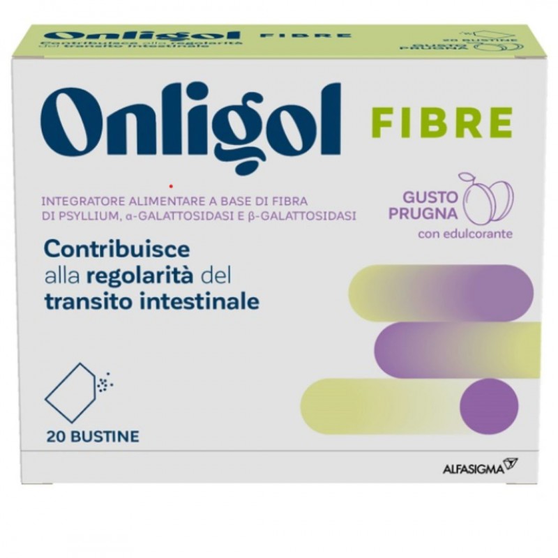 Confezione di Onligol Fibre Integratore Transito Intestinale Gusto Prugna 20 Bustine