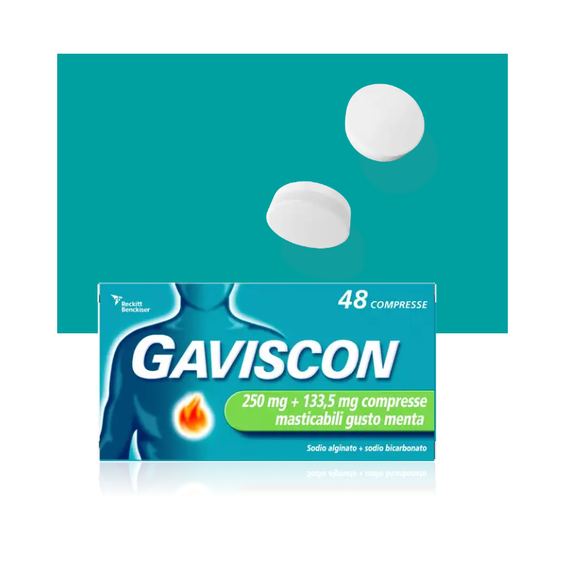 Gaviscon 48 Compresse Masticabili Aroma Menta 250 +133,5 mg per Bruciore di Stomaco e Reflusso