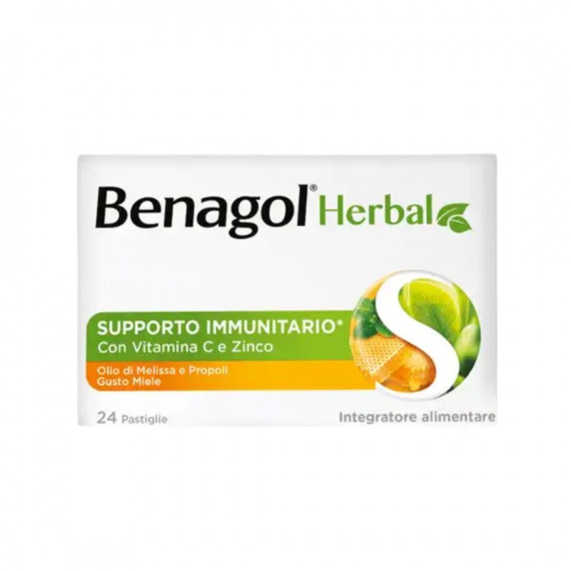 scatola di Benagol Herbal Gusto Miele Integratore per Sistema Immunitario 24 Pastiglie