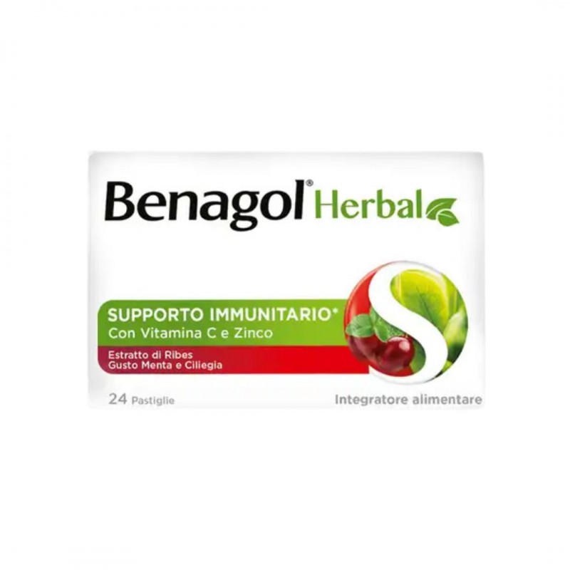 scatola di Benagol Herbal Gusto Menta e Ciliegia Integratore per Sistema Immunitario 24 Pastiglie