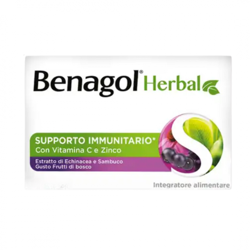 scatola di Benagol Herbal Gusto Frutti di Bosco Integratore per Sistema Immunitario 48 Pastiglie