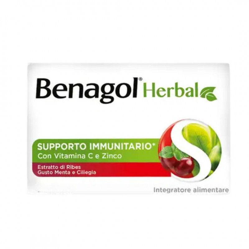 scatola di Benagol Herbal Gusto Menta e Ciliegia Integratore per Sistema Immunitario 48 Pastiglie