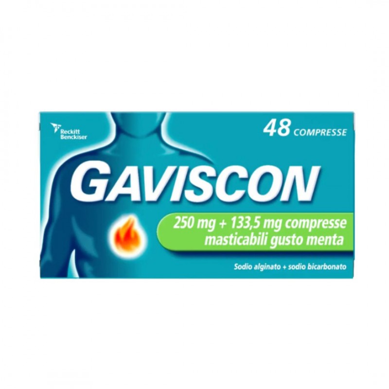nuova scatola di Gaviscon 48 Compresse Masticabili Aroma Menta 250 +133,5 mg per Bruciore di Stomaco e Reflusso