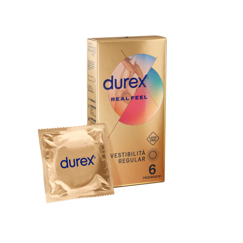 scatola e preservativo di Durex Real Feel 6 Profilattici Non in Lattice