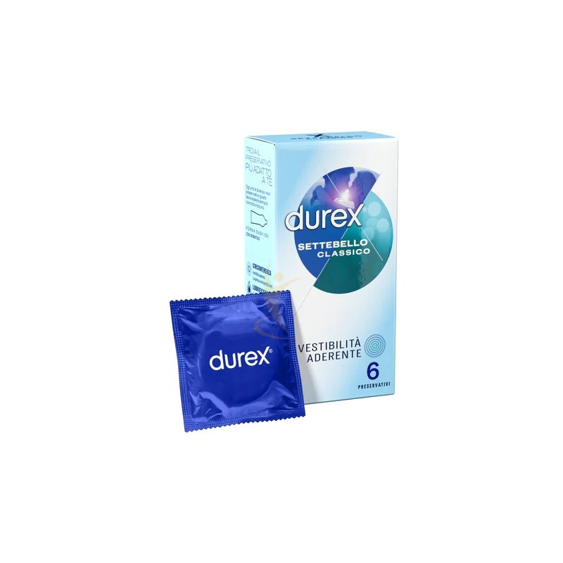 preservativo e scatola di Durex Settebello 6 Profilattici Classici