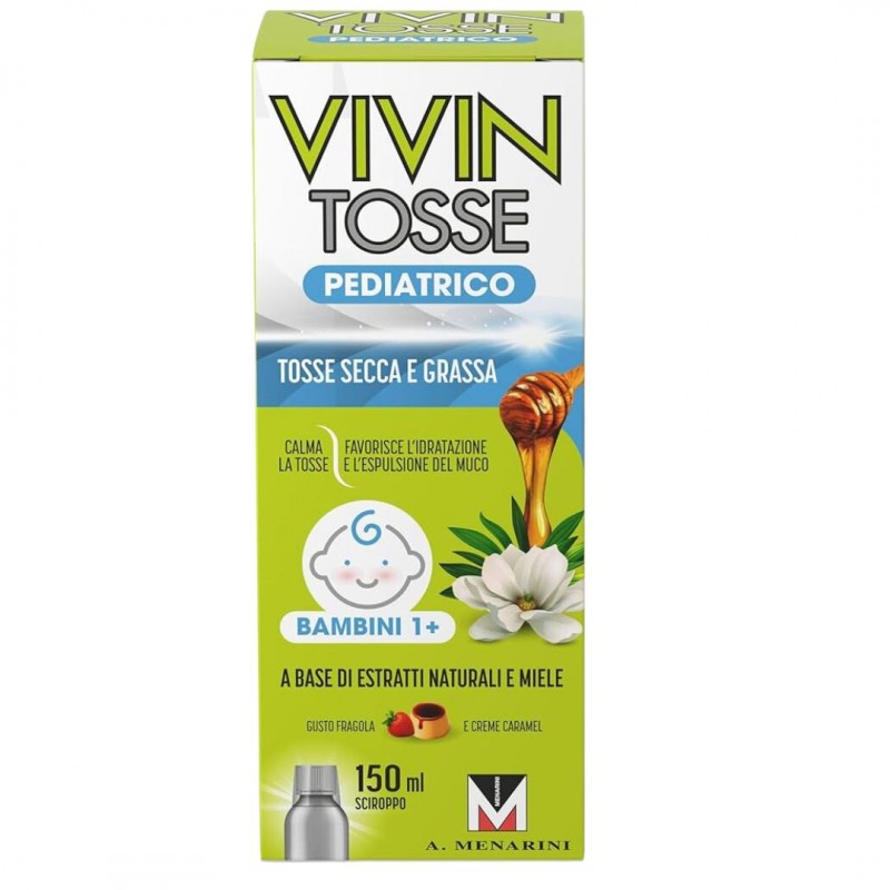 Confezione di Vivin Tosse Pediatrico Sciroppo Naturale Tosse Secca e Grassa Gusto Fragola e Caramello 150ml