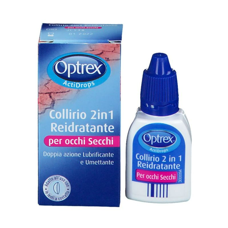 scatola e flacone di Optrex Actidrops 2in1 Collirio Reidratante 10ml