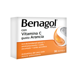 nuova confezione di Benagol Vitamina C Gusto Arancia per Mal di Gola 36 Pastiglie