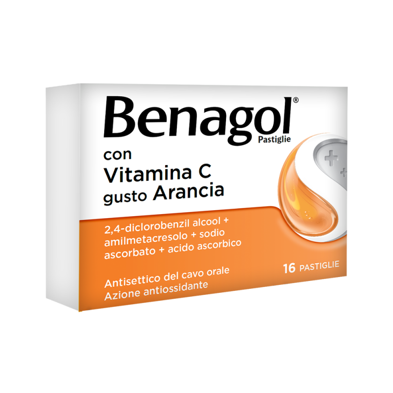 confezione di Benagol Vitamina C 16 Pastiglie Arancia per Mal di Gola
