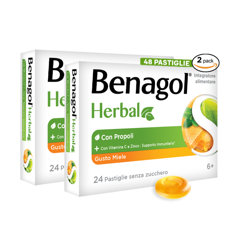 scatole di Benagol Herbal Gusto Miele Integratore per Sistema Immunitario 48 Pastiglie