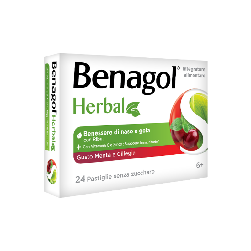 nuova confezione di Benagol Herbal Gusto Menta e Ciliegia Integratore per Sistema Immunitario 24 Pastiglie