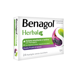 nuova confezione di Benagol Herbal Gusto Frutti di Bosco Integratore per Sistema Immunitario 24 Pastiglie