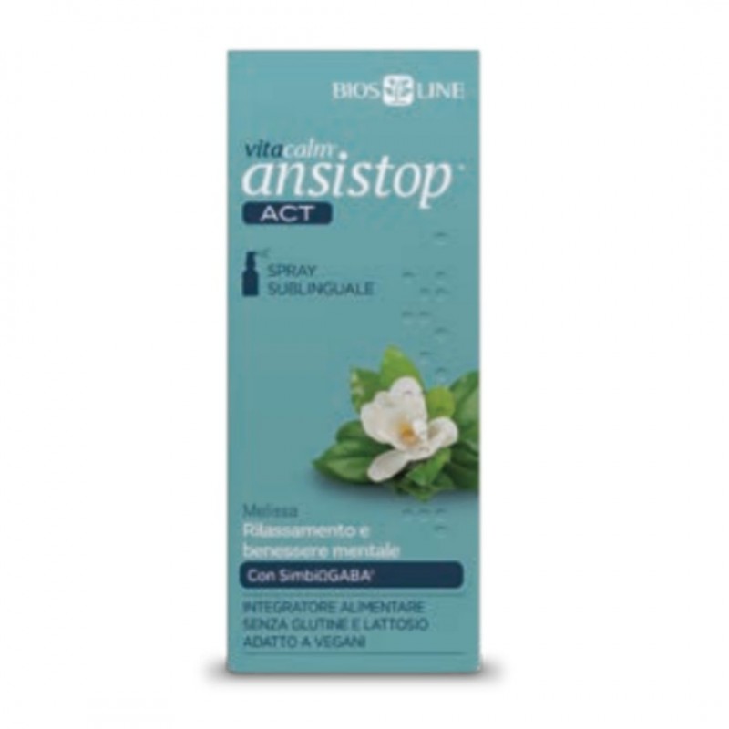 Confezione esterna di Biosline Vitacalm Ansistop Act Spray Sotto la Lingua per Ansia 20ml