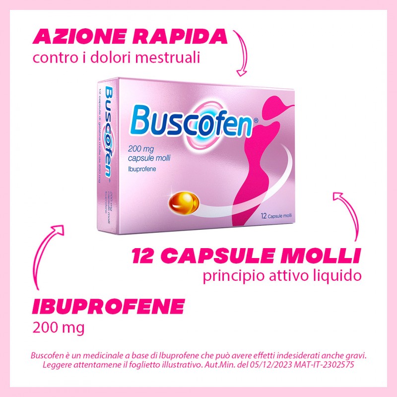 caratteristiche di Buscofen Dolori Mestruali 12 Capsule Molli 200mg Ibuprofene