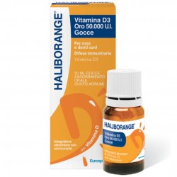 Confezione esterna e flacone di Haliborange Vitamina D3 Integratore Difese Immunitarie Oro 50000 U.I Gocce 30ml Confezione esterna e flacone di Haliborange Vitamina D3 Integratore Difese Immunitarie Oro 50000 U.I Gocce 30ml