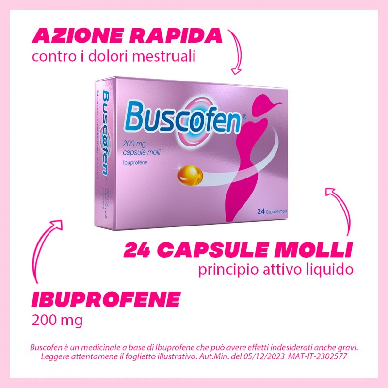 caratteristiche di Buscofen Dolori Mestruali 24 Capsule Molli 200mg Ibuprofene